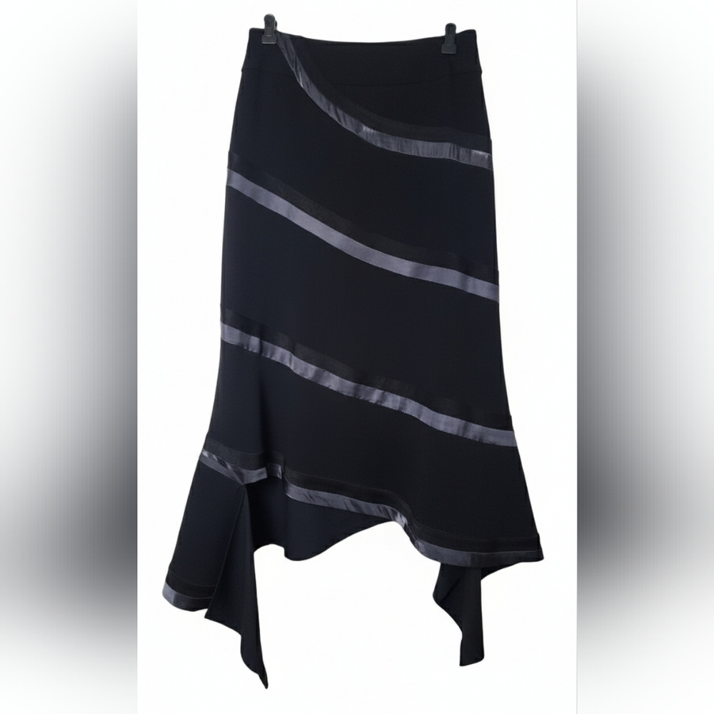RARE NWT RHIE Black Asymmetrical Hem Skirt with Contrast Ribbon Trim Size 2 Chic